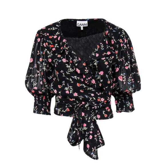 Ganni Viscose Black Elm Floral Georgette Wrap Top $160 MSRP - Picture 1 of 8